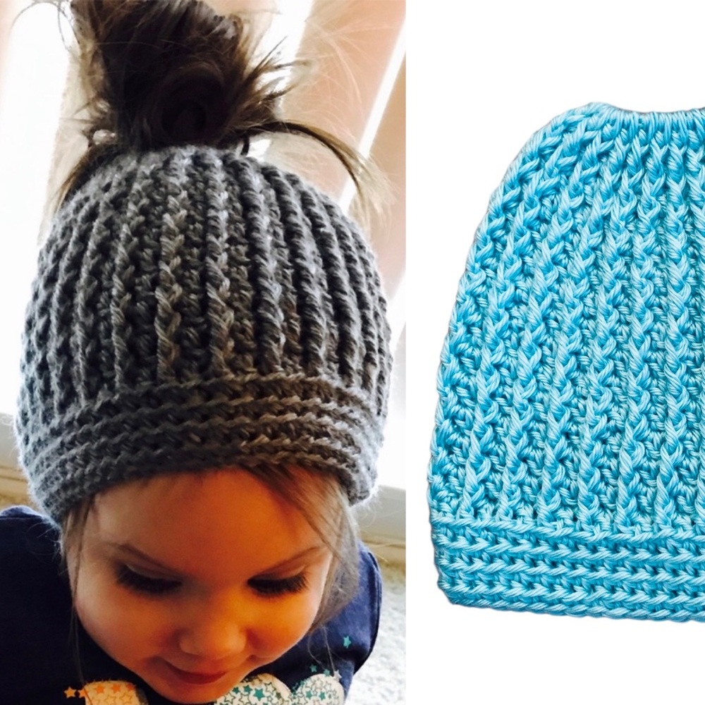 HAND CROCHETED Messy Bun Ponytail Beanie Mint Blue